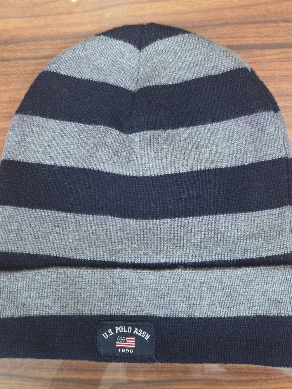 U.S. Polo Assn. Striped Knit Beanie in Navy & Gray